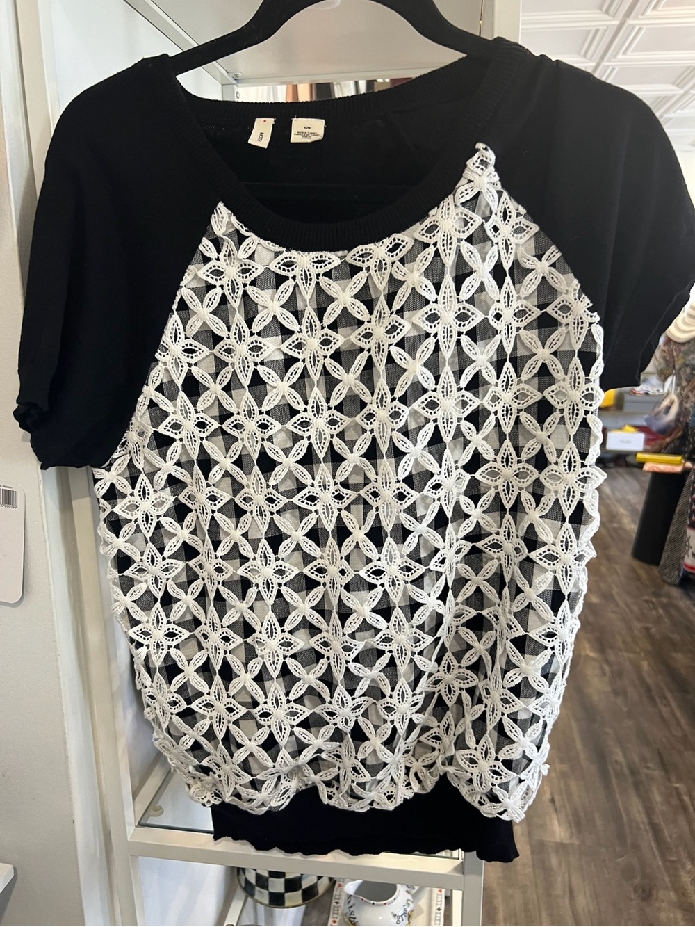 Moth Black Short Sleeve Top with White Crochet Overlay